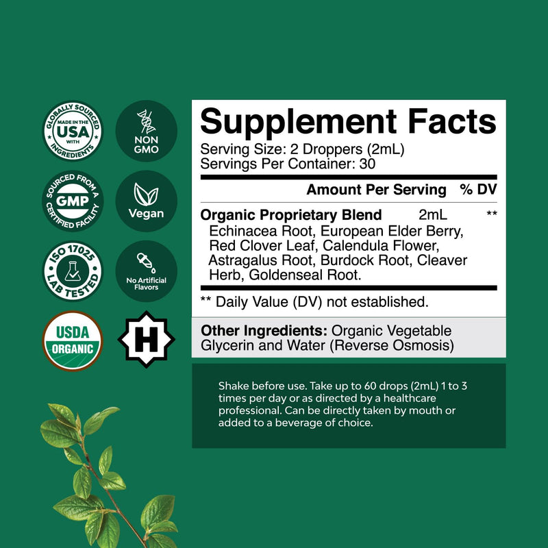 [Australia] - Certified Organic Lymphatic Drainage Drops - Herbal Lymphatic Cleanse and Immune Support Supplement with Echinacea Goldenseal & Red Clover Extract - Vegan Non GMO Alcohol and Sugar Free - 30 Servings 