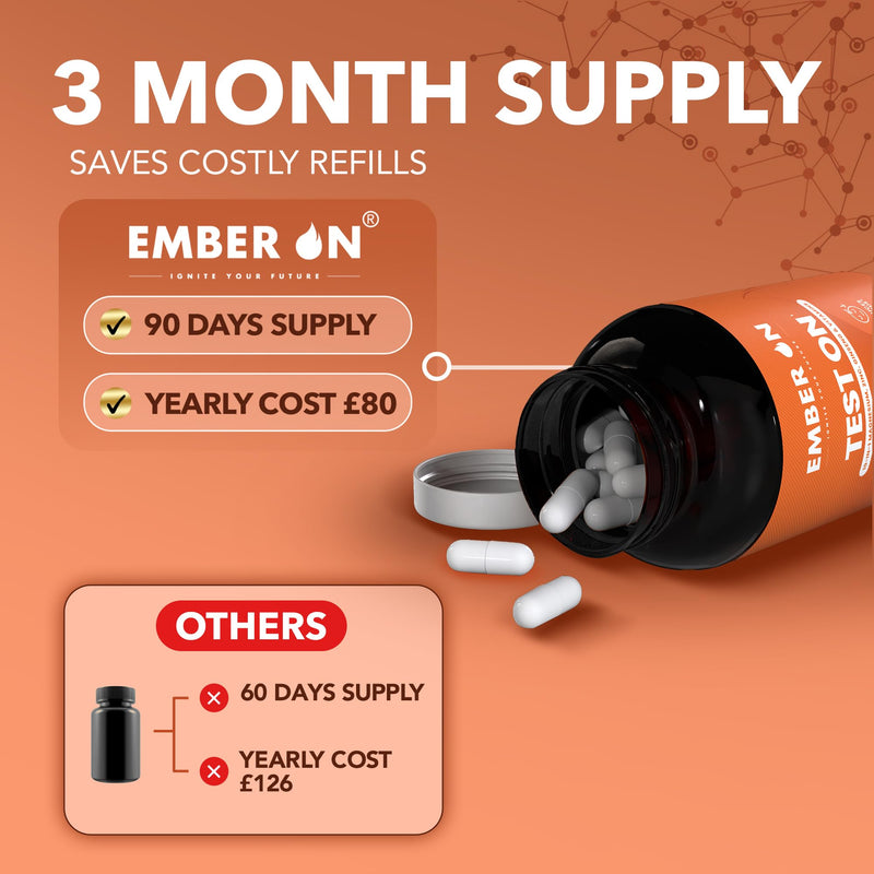 EMBER ON Test On Supplement for Men | High Strength Booster Supplements | 10-in-1 Magnesium Zinc Ashwagandha Boron Fenugreek VitD3 VitB6 VitK2 & Panax Ginseng | 180 Vegan Capsules | UK Made