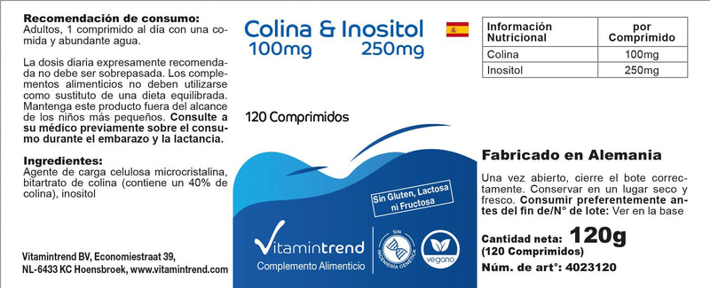 [Australia] - Choline & Inositol - with 100mg choline and 250mg inositol - 120 tablets - high dosage - vegan - bioavailable supplements from Germany | Vitamin trend 