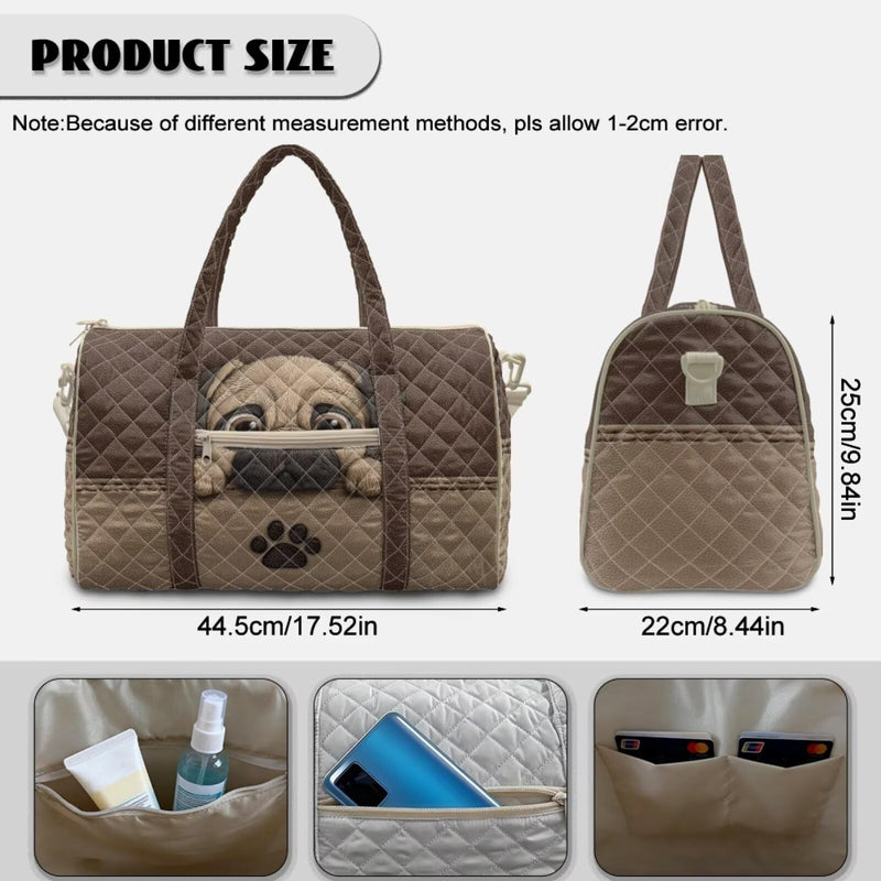 Pug Paw Print Print Weekender Bag for Women Quilted Travel Duffel Bag Lightweight Large Capacity Carry On Luggage Overnight Bag for Travel and Errands Brown - Pug Paw Print