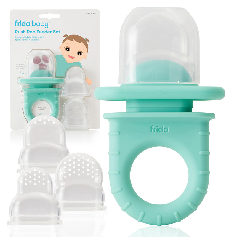 Frida Baby Push Pop Feeder, Baby Fruit Feeder, Baby Fruit Food Feeder to Safely Introduce New Foods, Fresh + Frozen Food Silicone Feeder for Babies, BPA Free, Dishwasher Safe | 3 Count, Teal 3ct tip - Vibrant Teal