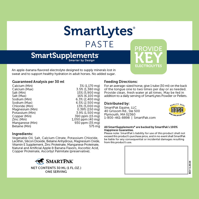 SmartPak SmartLytes Paste Horse Electrolyte Paste | Encourages Hydration, Replenishes Electrolytes, No Added Sugar, Apple Banana Flavor, Pack of 6 Tubes - PawsPlanet Australia