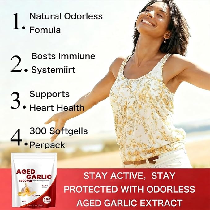 Aged Garlic Extract Capsules 7,500mg Equivalent 300 Softgels, Odourless Aged Garlic 15:1 Concentrate, Garlic Capsules for Daily Support, Non-GMO