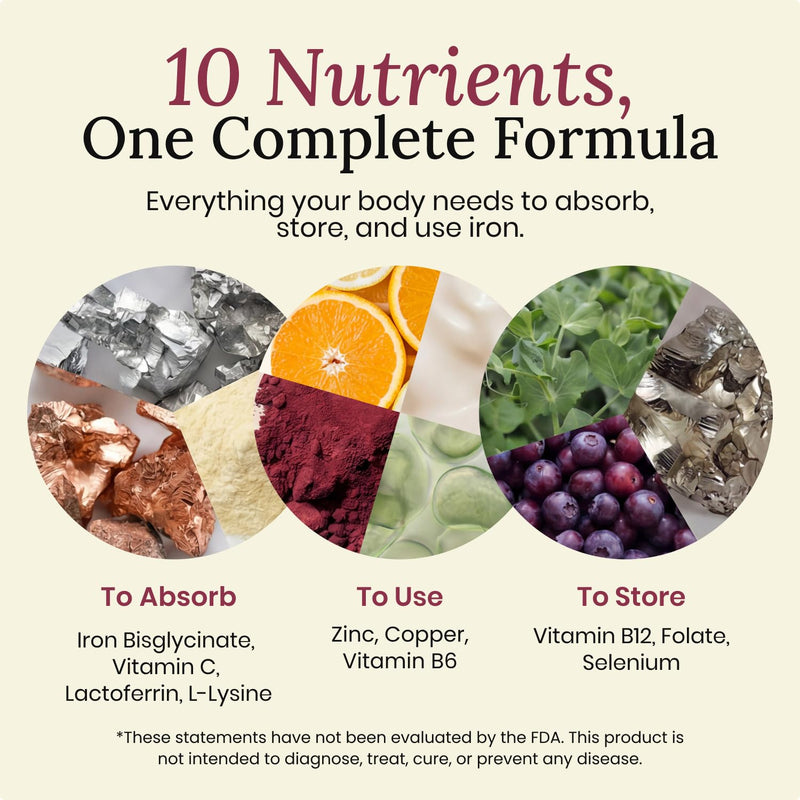Nivara FerraVital Ferritin Complex - Iron Supplement for Women & Men with Bisglycinate, Vitamin C, B12, Lactoferrin, Methylfolate, Slow Release Gentle Iron Pills for Hair & Energy Support, 60 Capsules