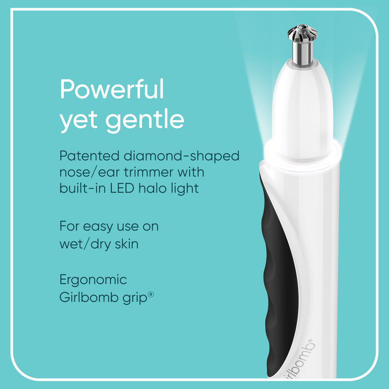 [Australia] - Conair GIRLBOMB Nose Hair Trimmer for Women, Battery-Operated Face Hair Removal for Women, Diamond-Shaped 360° Beveled Blade, LED Light, Packaging May Vary, White 1 Count (Pack of 1) 