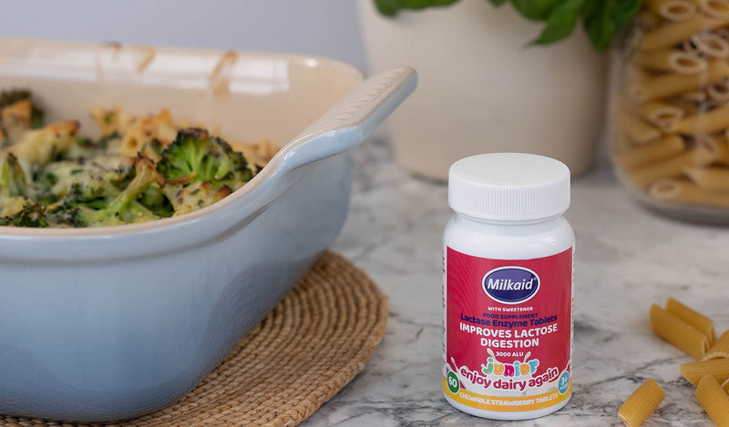 [Australia] - Milkaid Junior Lactase Enzyme Chewable Tablets Lactase Drops for Lactose Intolerance Relief | Prevents Gas, Bloating, Diarrhea in Children | Fast Acting Dairy Digestive Supplement | 