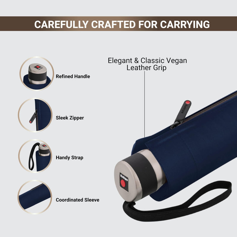 Knirps C.041 Chrome Matt Manual Rain Umbrella for Adults – Vegan Leather Handle, Wind Resistant Design, Lightweight Steel Fiberglass Frame, 39in Canopy, Protective Sleeve Included Navy