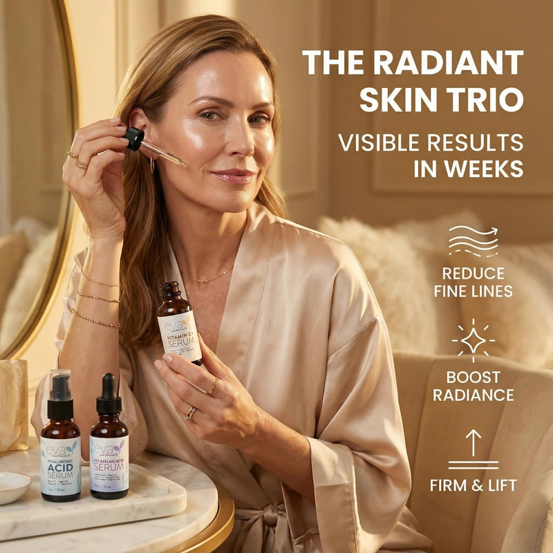 Eva Naturals Serum Trio – Vitamin C+, Hyaluronic Acid & Azelaic Acid, Acne | 3-piece set, anti-aging, dark spots, fine lines, redness, hydrating, radiant skin 1 Fl Oz (Bundle of 3)