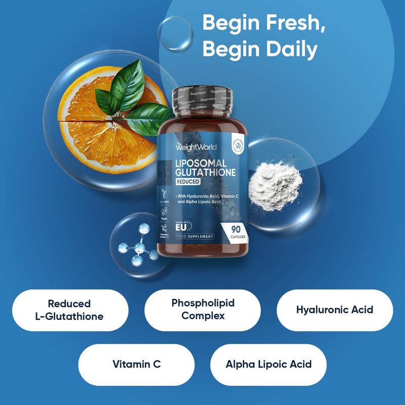 WeightWorld L-Glutathione Supplement 1000mg - 90 Capsules - with Vitamin C, Hyaluronic Acid & Alpha Lipoic Acid - Non-GMO & Vegan - Reduced Liposomal Glutathione Capsules for Men & Women