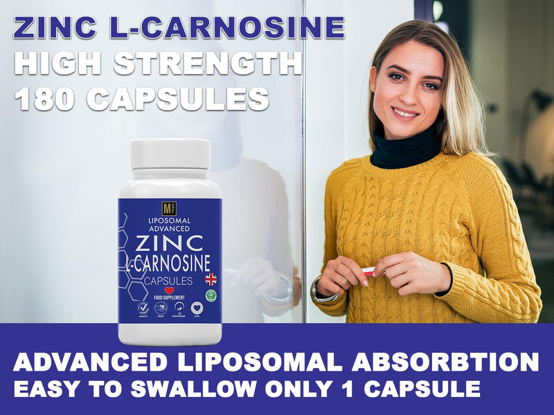 Zinc L-Carnosine Supplement | 180 Easy to Swallow Capsules | 1-A-Day, 6 Months Supply | Advanced Liposomal Zinc & Amino Acid L Carnosine for Max Absorption | No Fillers | Non-GMO | Vegan | UK Company