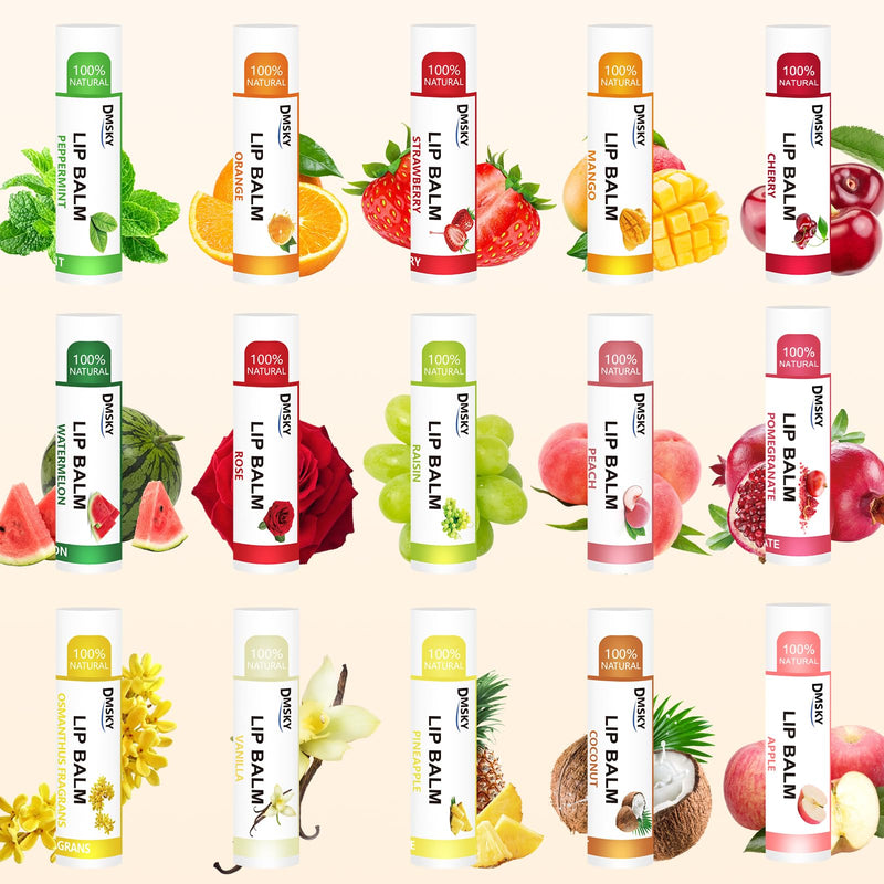 DMSKY 30 Pack Lip Balm Bulk, 15 Flavors, Natural | Hydrates with Vitamin E & Beeswax, Moisturizing Lip Care Product for Dry Chapped Lips 30 Count