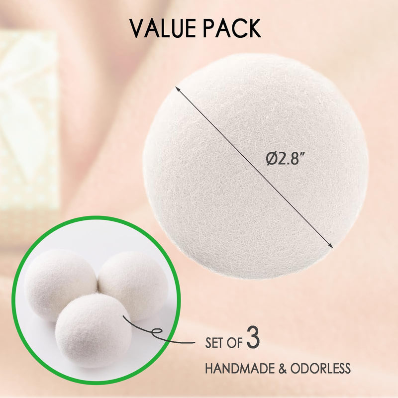 [Australia] - Wool Dryer Balls, 3 Count XL Dryer Lint Balls, Reusable Premium Natural Fabric Softener, Efficiently Add Essential Oils Instead of Dryer Sheets, Laundry Room Organization Essentials 