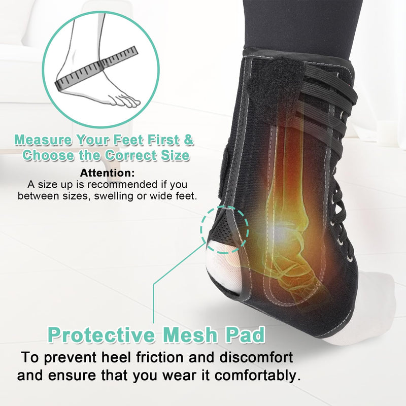 Lace up Ankle Brace for Women Men, Quick Adjustment Ankle Brace with Metal and Plastic Side Stabilizers, 1Pcs Foot Support for Sprained Left Right, M Black Medium