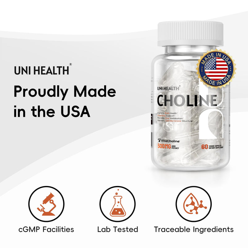 UniHealth® Choline 500 mg with VitaCholine®, 60-Day Supply, Liquid Vegan Capsules for Prenatal Choline Supplement, Brain Health, Cognitive Performance & Liver Support, Non-GMO, Gluten-Free, USA Made