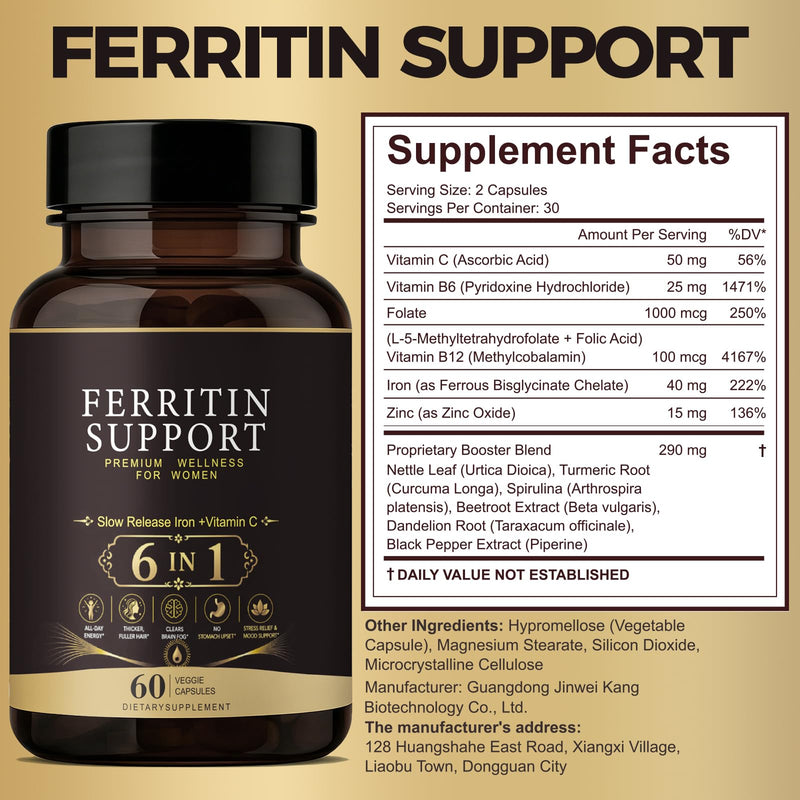 Ferritin Support Iron Supplement for Women – with Vitamin C, B12, B6, Folate, Zinc & Probiotics – Supports Healthy Iron & Energy Levels – 60 Capsules 60 Count (Pack of 1)