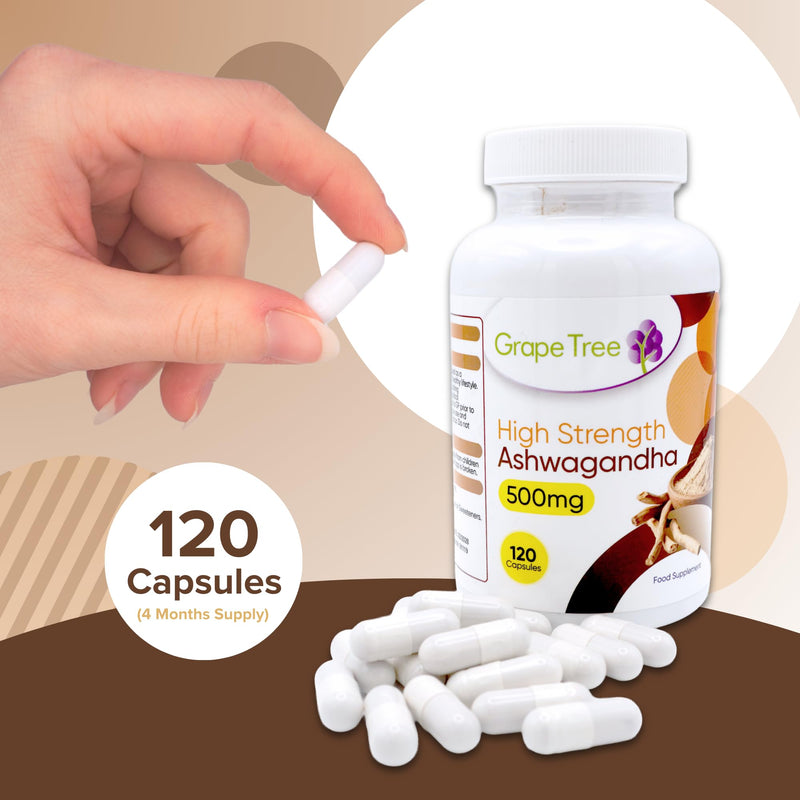 Grape Tree Ashwagandha 500mg 120 Capsules High Strength Ashwagandha Supplement Easy Daily Capsules for Men & Women UK Manufactured Food Supplement