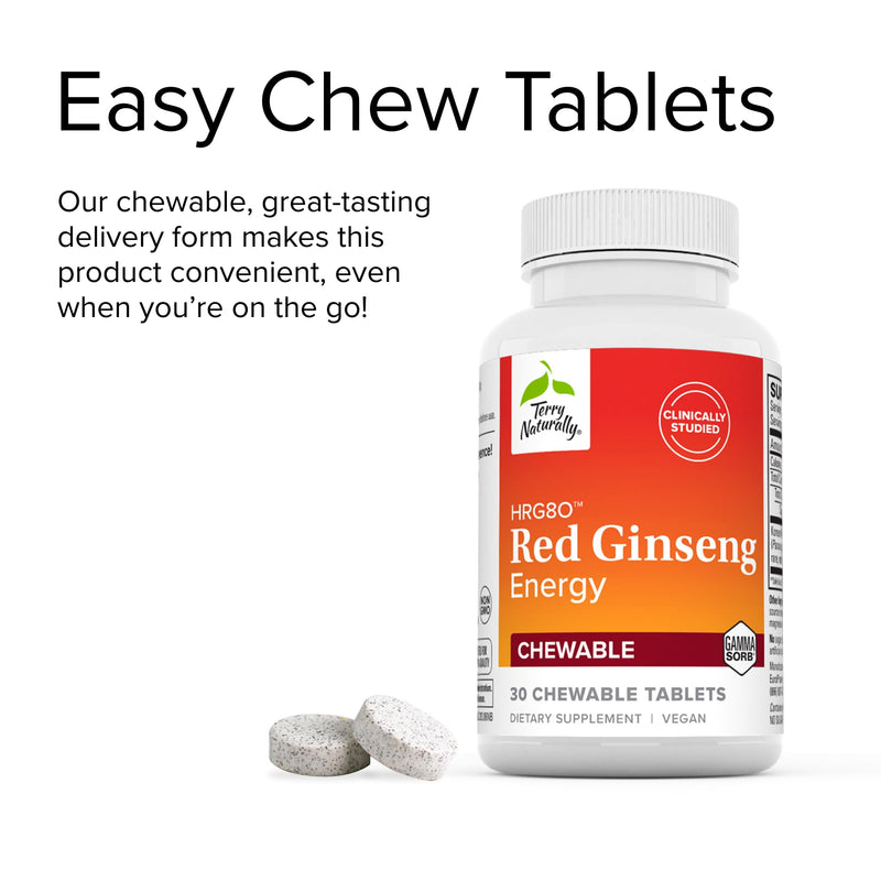 [Australia] - Terry Naturally HRG80 Red Ginseng Energy - 30 Chewable Tablets - Red Ginseng Root Powder, Panax Ginseng, HRG80 - Non-GMO, Vegan, Gluten Free - 30 Servings 1 