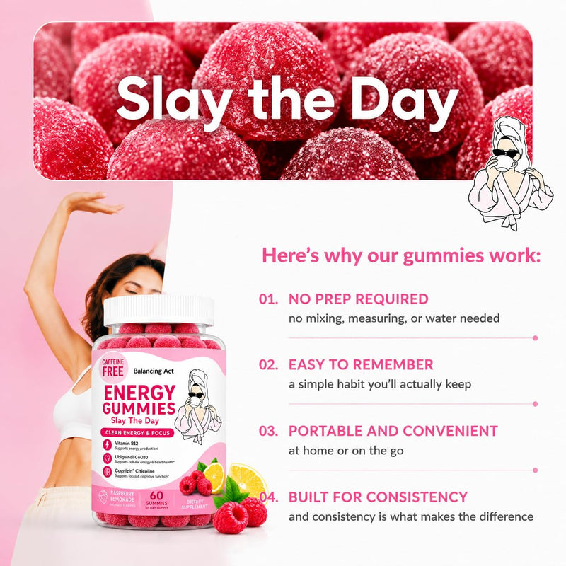 Balancing Act – Slay The Day Energy Gummies – Caffeine Free Focus & Clean Energy Support – with Vitamin B12, CoQ10 & Cognizin® Citicoline – Raspberry Lemonade – 60 Count (30 Day Supply)
