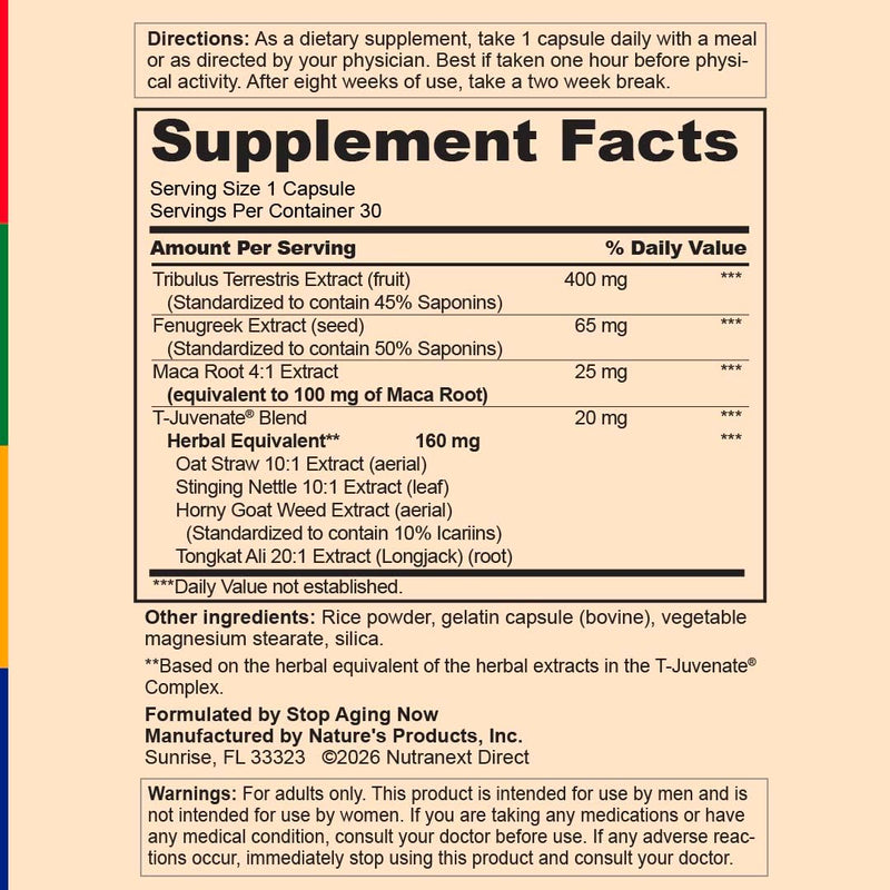 Stop Aging Now - T-Juvenate Complex Supplement for Men - with Tribulus Terrestris, Fenugreek Extract, & Maca Root - 30 Capsules