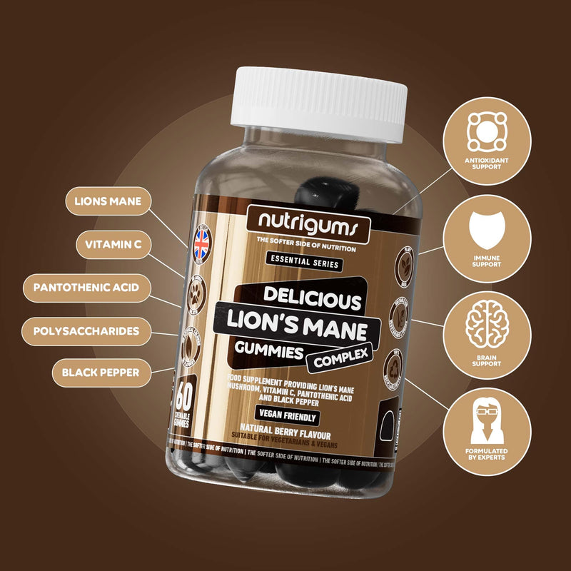 Lion's Mane Mushroom Gummies 2500mg High Strength | 60 Vegan Brain & Focus Supplements | with Vitamins & Black Pepper Extract | Mental Performance & Tiredness Support | Berry Flavour by NUTRIGUMS®