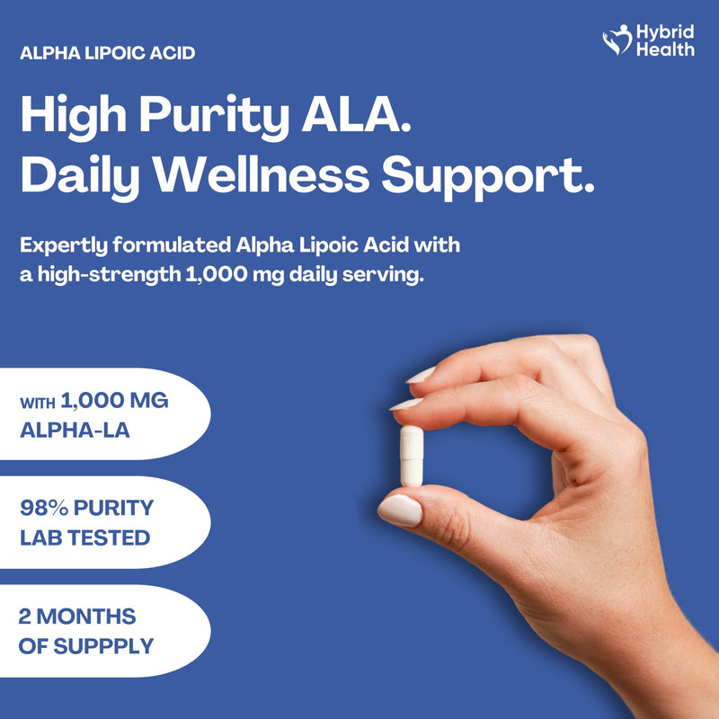 Hybrid Health Alpha Lipoic Acid 1000mg Supplement - 98% Lab-Tested Purity ALA, 120 Vegan Capsules, High-Strength Formula, 2 Months Supply