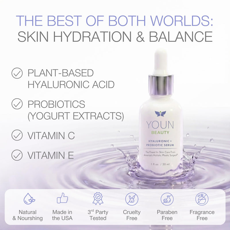 YOUN Beauty Hyaluronic + Probiotic Face Serum by Dr. Anthony Youn, 30 ML – For Intense Hydration, Radiance Boost, & Skin Renewal – Contains Plant-Based Hyaluronic Acid, Yogurt Extract, Vitamins C & E