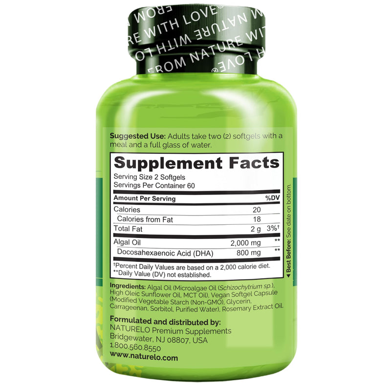 [Australia] - NATURELO Vegan DHA - Omega 3 Oil from Algae - Supplement for Brain, Heart, Joint, Eye Health - Provides Essential Fatty Acids for Women Men and Kids - Complements Prenatal Vitamins - 120 Softgels 120 Count (Pack of 1) 