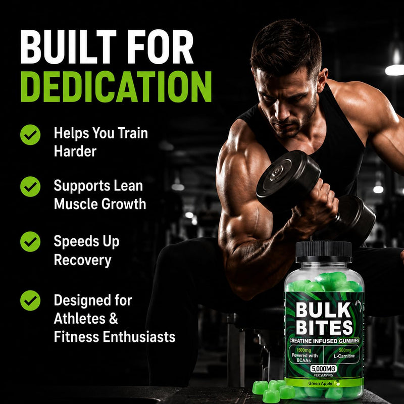 Bulk Bites 7000mg Creatine Gummies – High Strength Creatine Monohydrate Complex with BCAA & L-Carnitine | Sugar-Free Vegan Pre Workout Gummies, Muscle Growth, Energy & Recovery – 90 Gummies Green Apple
