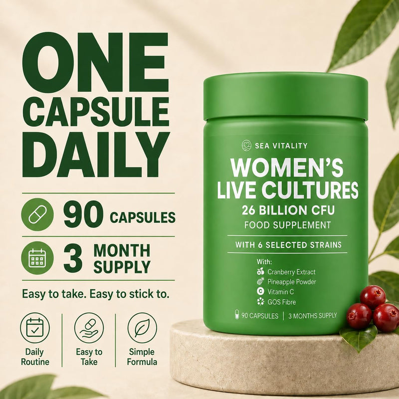 Women's Live Cultures Food Supplement - 26 Billion CFU, 6 Selected Strains with Cranberry Extract, Pineapple Powder, GOS & Vitamin C - 90 Capsules, 1-a-Day Formula for Women, 90 Day Supply 90 count (Pack of 1)