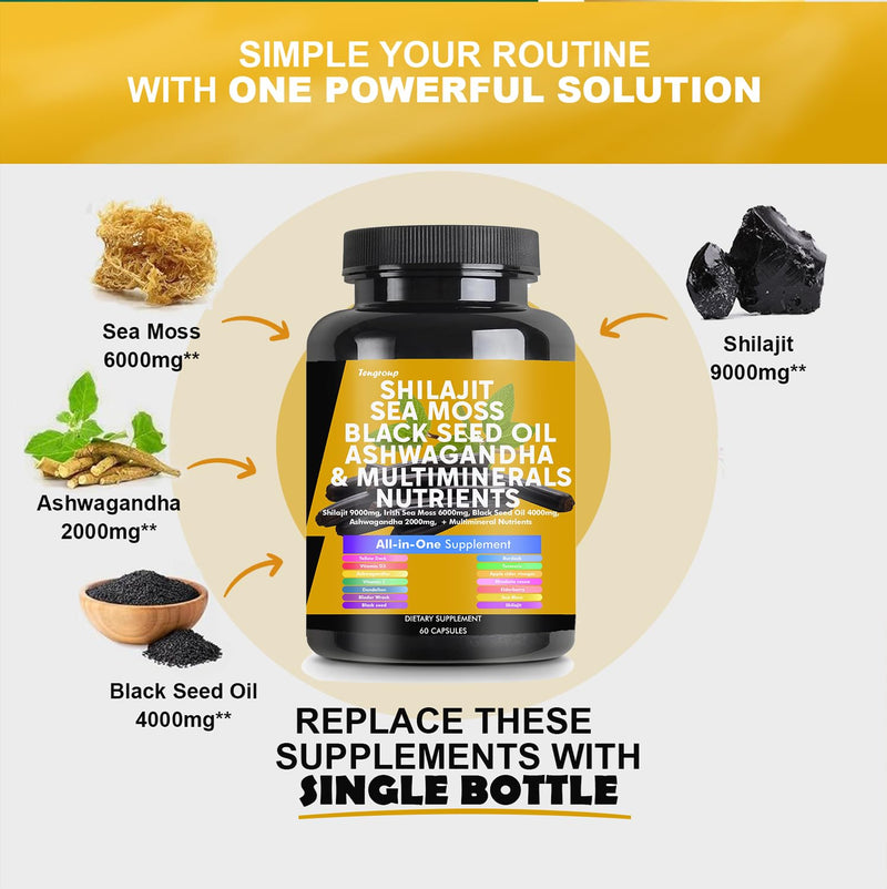 [Australia] - Shilajit 9000mg Sea Moss 6000mg Black Seed Oil 4000mg Ashwagandha 2000mg Burdock 1000mg & Vitamin C & D3 with Elderberry rhodiola rosea Dandelion Yellow Dock Turmeric ACV 
