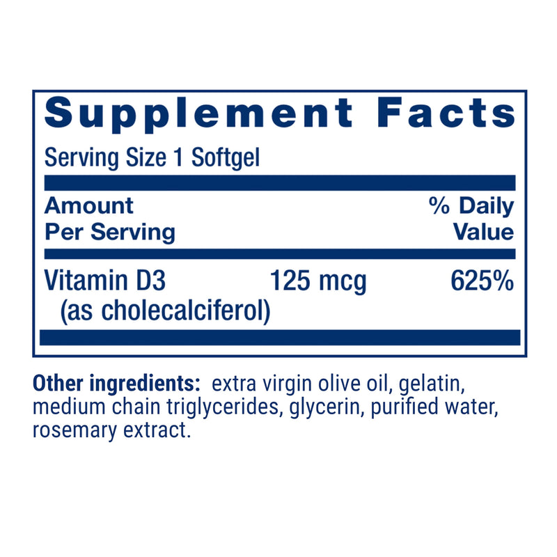 Life Extension Vitamin D3 125 mcg (5000 IU), Bone Health, Brain Performance, Immune System Support, Gluten-Free, Non-GMO, Once Daily, Two-Month Supply, 60 Softgels | Bone Health, Cognitive Health & Immune System Support, Gluten-Free & Non-GMO, Once Dai...