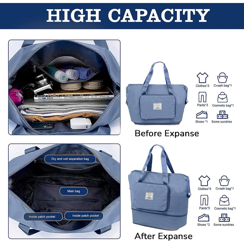 Storite Foldable Travel Duffle Bag, Blue, 40x23x30 cm | Water Resistant Nylon, Expandable Design, Lightweight, Spacious Storage, Travel, Gym, Shopping, Weekend Trips