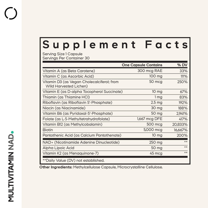 Codeage Multivitamin NAD Supplement - NAD+ Energy & Healthy Aging Support - Vitamin D3 K2, P5P, Methylated B12, Alpha Lipoic Acid, Folate, Riboflavin, Biotin, B Complex Pills - Non-GMO - 30 Capsules