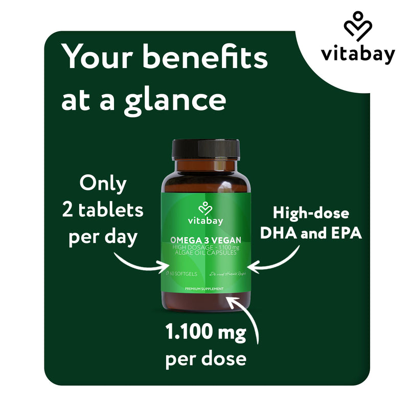 Vitabay Omega-3 Vegan 60 Capsules – 1100 mg Algae Oil with Vitamin E – DHA 600 mg & EPA 300 mg – High Strength – Laboratory Tested in Germany – No Additives – Natural Quality 60 count (Pack of 1)