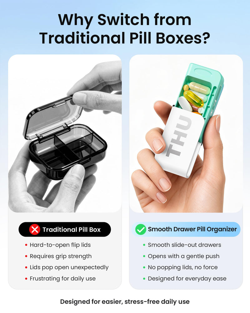 Daviky Pill Organizer 1 Time a Day, Drawer Style 7 Day Pill Case with Detachable Daily Boxes, Large Capacity Travel Pill Organizer for Vitamins, Fish Oil, Supplements, Color Coded White