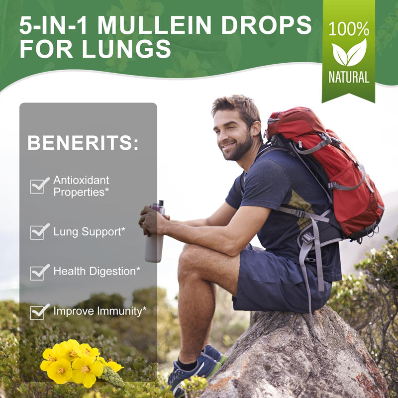 [Australia] - Mullein Drops for Lungs-Lymphatic Drainage Drops - Lung Detox for smokers-5-in-1 Herbal Extract Liquid-Mullein Leaf-Lung Cleanse-Respiratory Health Support-Non-GMO, Vegetarian-2 Fl Oz 2 Fl Oz (Pack of 1) 