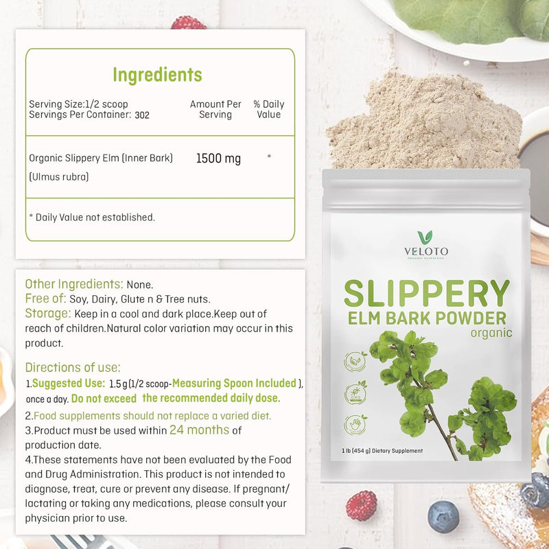 Slippery Elm Bark & Slippery Elm Powder Organic 454g, 100% Pure Inner Bark, Natural Herbal Supplement, Soothes Throat, Cough & Digestive Health, Supports IBS, Acid Reflux, Vegan, Gluten Free, Non-GMO 454 g (Pack of 1)