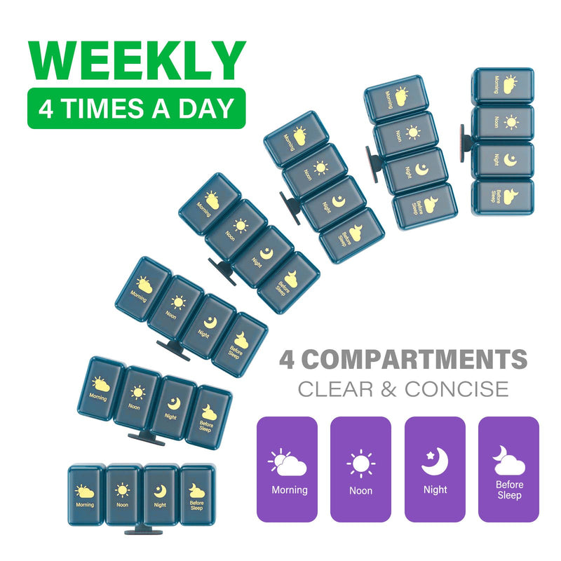 Weekly Pill Organizer 4 Times a Day, Large Compartments Pill Box 4X 7 Day, Medicine Organizer Pill Case for Pills/Vitamins/Fish Oils/Medication/Supplements (4x7 Blue) 4 Times x 7 Days