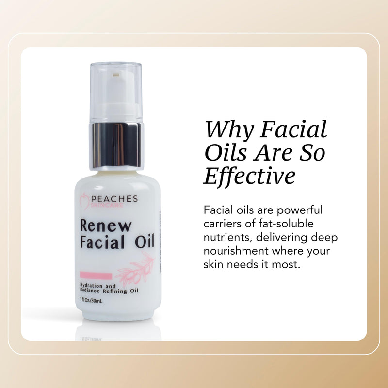 Peaches Skin Care Renew Facial Oil - Squalene Face Oil, 1 oz | Nourishing facial oil with squalene-rich olive oil and vitamins C and E for balanced, smoother-looking skin.