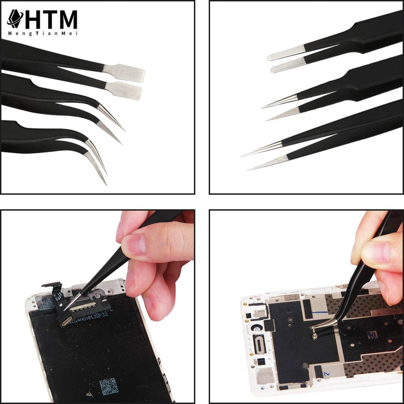 HengTianMei Precision Tweezers Set, ESD Anti-Static Stainless Steel Tweezers Set for Craft, Jewelry, Electronics, Laboratory Work (14 PCS) 14