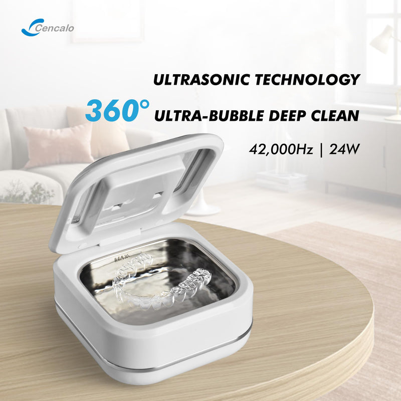 [Australia] - Ultrasonic Retainer Cleaner Machine with 2 Digital Timer, U-V Dental Cleaning Pod with Viewing Port,180ml Portable Denture Cleaner for Mouth Guards, Night Guards, Aligners, Brace, Jewelry, 42kHz White 