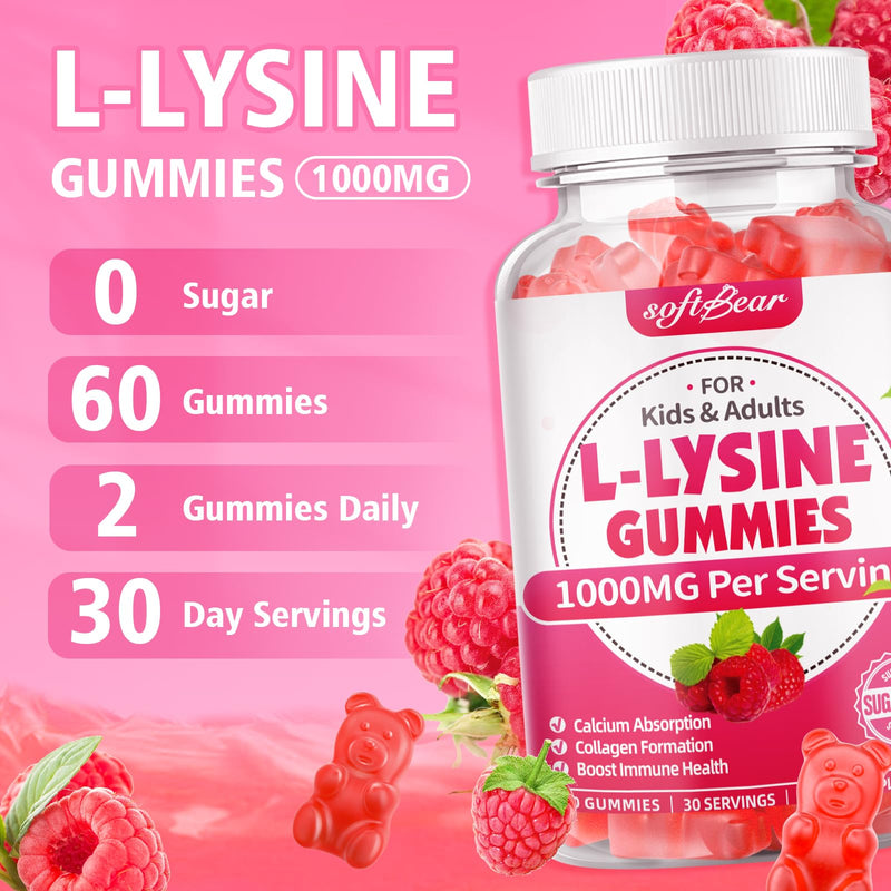 [Australia] - softbear L-Lysine Gummies for Adults & Kids, L Lysine 1000mg Chewable Lysine Supplement for Lips & Oral Health, Immune & Collagen Support, Vegan, Non GMO, Gluten-Free, Raspberry Flavor 60 Count 60 Count (Pack of 1) 