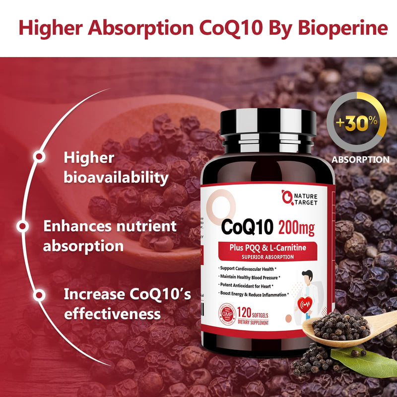 [Australia] - NATURE TARGET CoQ10-200mg with PQQ L-Carnitine & Omega-3s, High Absorption Coenzyme-Q10 with BioPerine, Supports Heart and Immune System, Cellular-Energy-Production, 120 Servings Coq10-400mg 