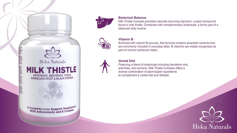 Heka Naturals Milk Thistle Complex | 90 Capsules | Milk Thistle with Artichoke, Turmeric, Dandelion Root, Aloe Vera, Ginger, Red Raspberry & Zinc | Food Supplement