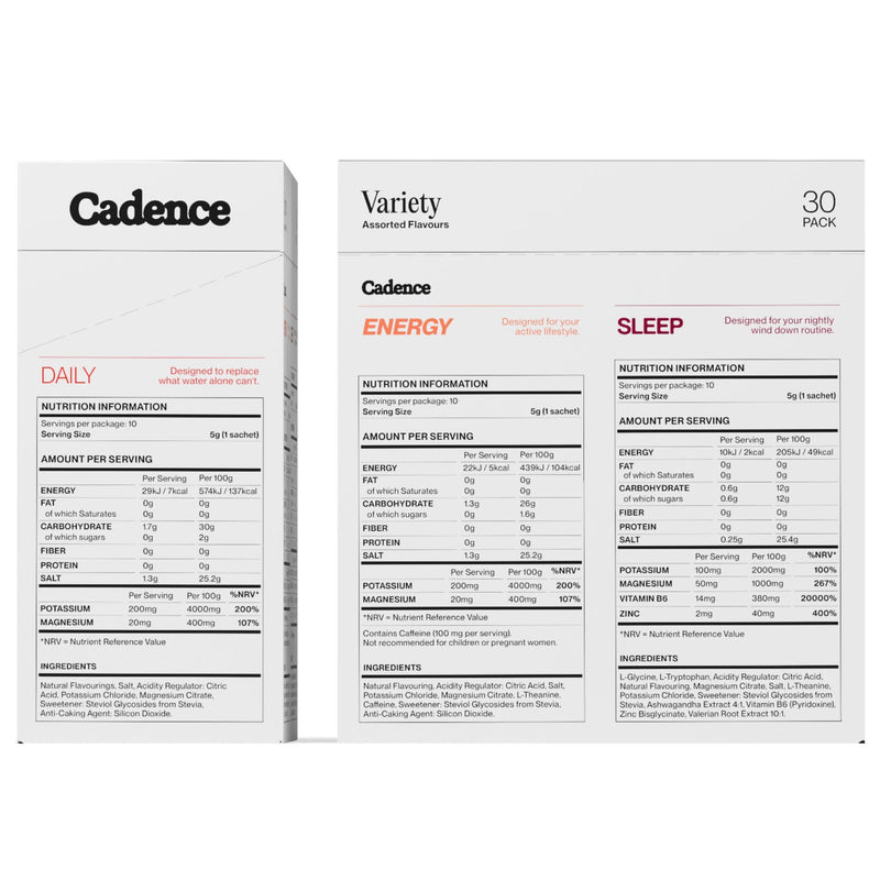Cadence Electrolyte Hydration Sachets Variety Pack - Daily Hydration Kit - Essential Electrolytes Powder - Daily, Energy, Sleep Recovery Formula for Rehydration - Vegan, Keto - 30 Sachets