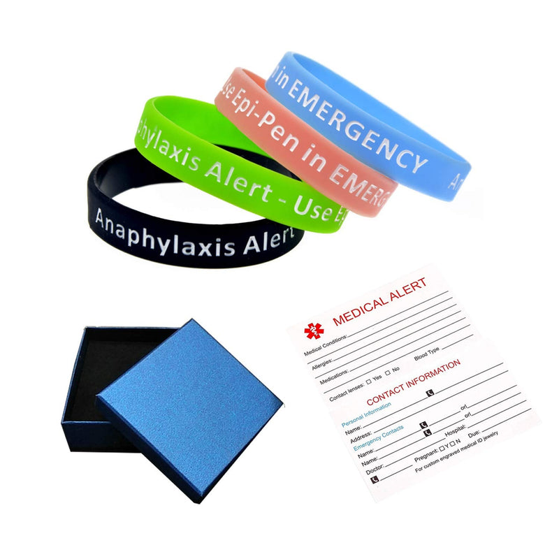 [Australia] - Lyndong 4 Pack Anaphylaxis Alert Bracelet Use Epi-Pen in Emergency Silicone Medical Alert Awareness Identification Wristbands for Man Women Black, Pink, Green, Blue 