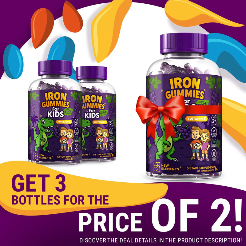 [Australia] - Iron Dinosaur Gummies for Kids with Vitamin C | Sugar-Free, Vegan, Gluten-Free & Non-GMO | Anemia Relief, Energy & Blood Health Support | Grape Flavor, Pectin-Based for Optimal Health 60 Count (Pack of 1) 