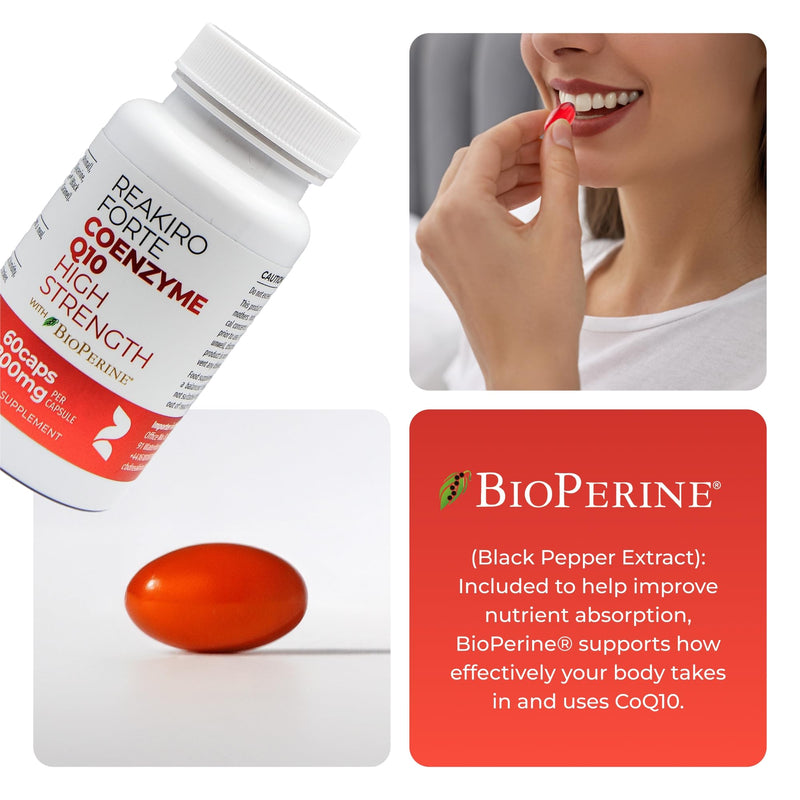 Reakiro Forte Coenzyme Q10 200mg of CoQ10 per Capsule, 60pcs I High Strength Naturally Fermented Co Enzyme Q10 Supplement with BioPerine I Expertly Crafted for Optimal Energy and Vitality 60 count (Pack of 1)