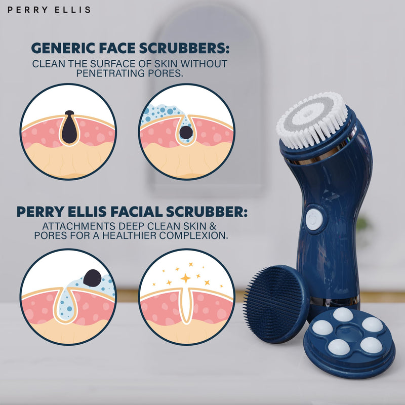 [Australia] - Perry Ellis 4-in-1 Cordless Massage and Cleansing Set with 4 Brush Heads, Exfoliating Face Scrubber with Massager, Rotating Scrub Brush, Facial Skincare Products, Carrying Case for Travel Included 