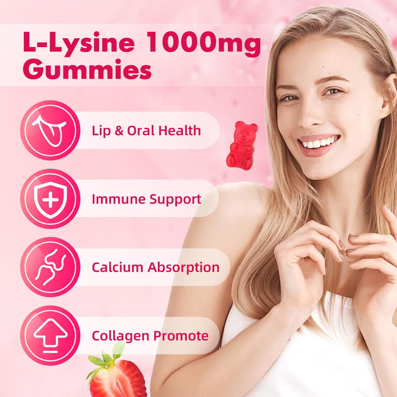 [Australia] - L-Lysine 1000mg Gummies, Chewable Lysine Supplement for Adults & Kids Immune Support, Essential Amino Acid, Vegetarian, Non-GMO, Sugar-Free, Gluten Free, Strawberry Flavor, 60 Counts 60 Count (Pack of 1) 